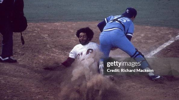Bake McBride slides into home during the 1980 World Series.