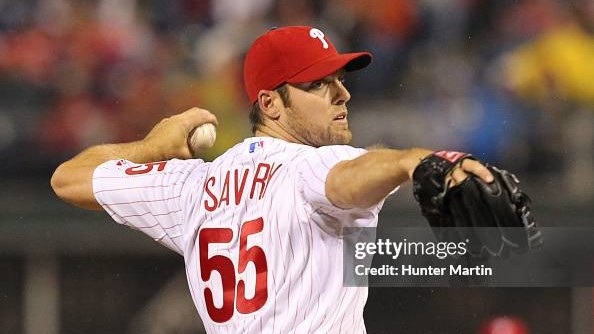 Left-hander Joe Savery pitching for the Phillies in 2014.